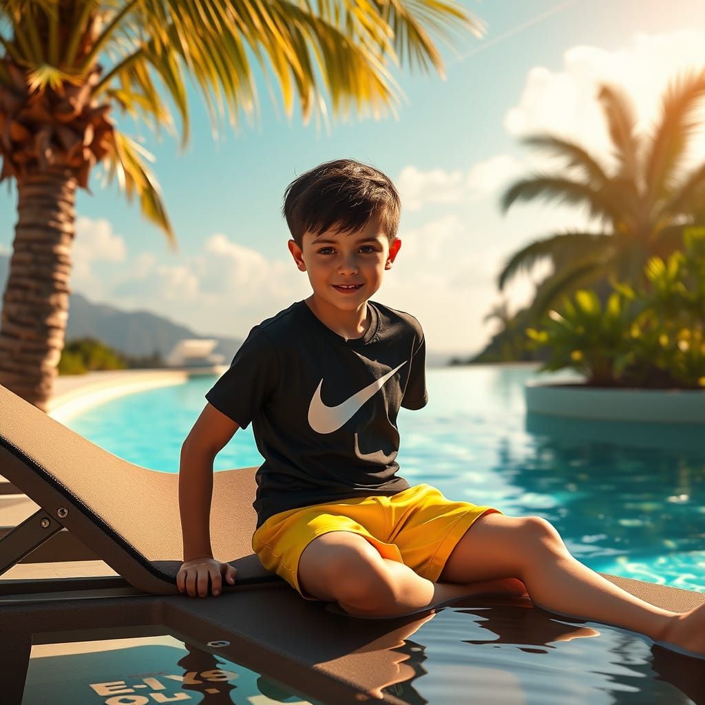 Youthful Boy in Futuristic Poolside Oasis