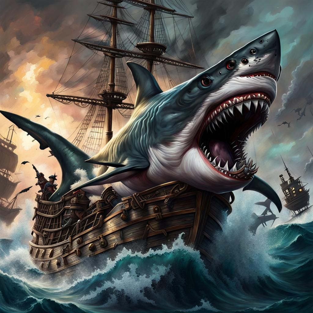 Sinister Shark Attack on Pirate Ship