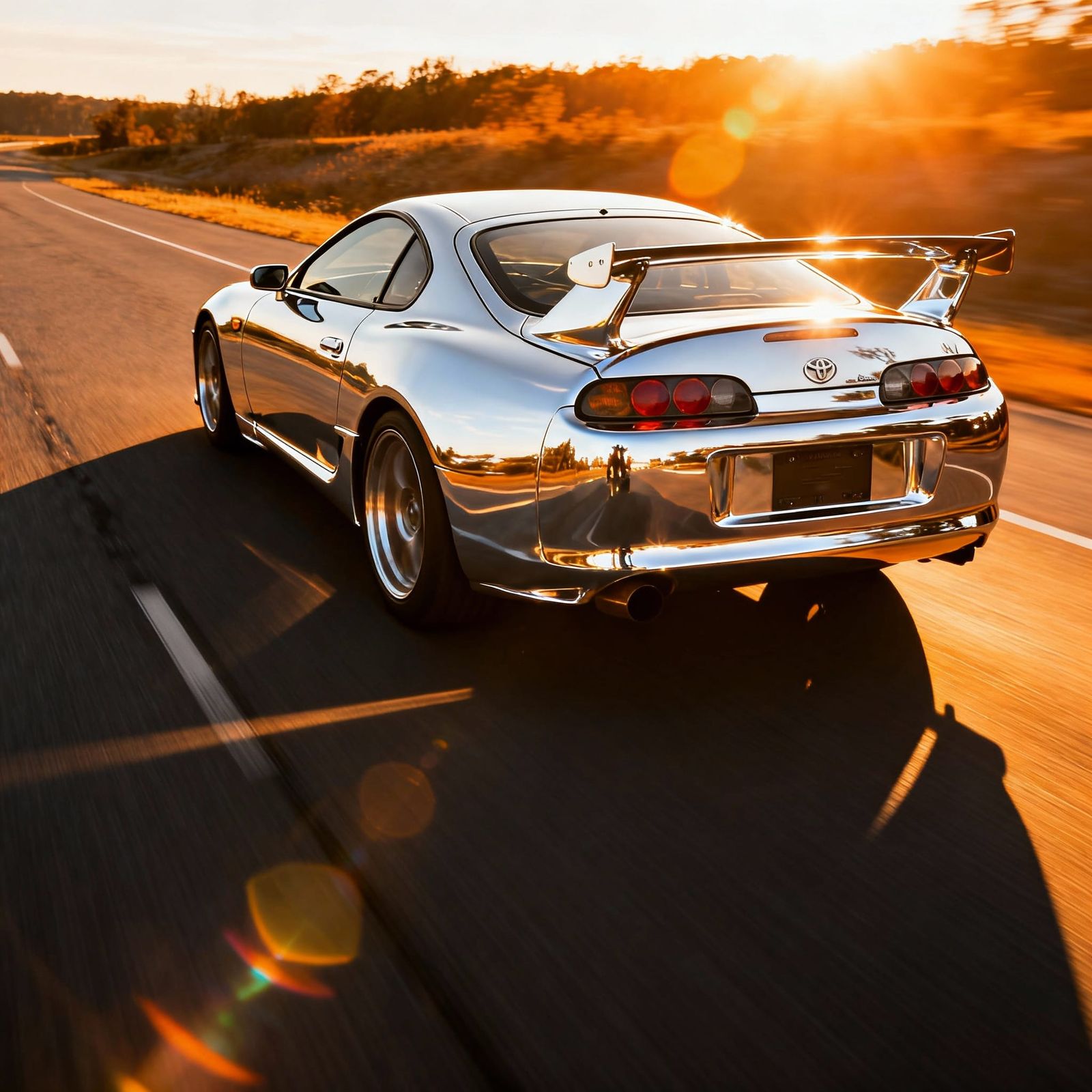 Gleaming Chrome 2002 Toyota Supra in Golden Hour Motion