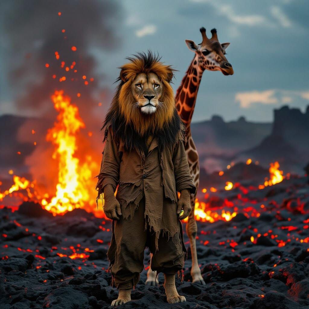 Majestic Lion-Giraffe Hybrid in Volcanic Landscape