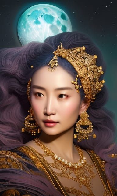 Woman Holds Moon in Detailed Fantasy Portrait