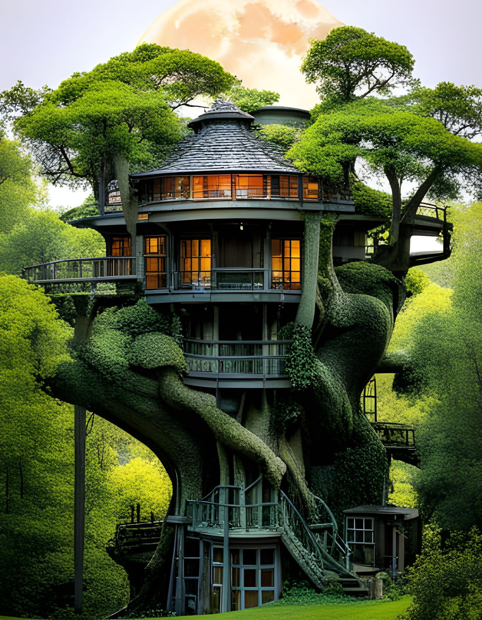 Glowing Treehouse in Forest, Surreal Digital Illustration