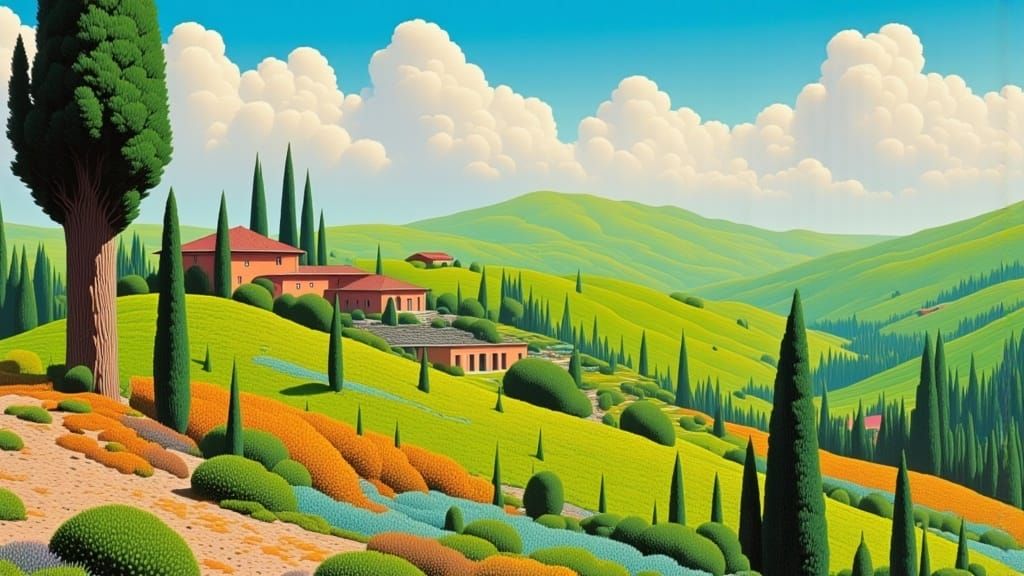 Italian Countryside Vista Under Aqua Sky with Golden Clouds