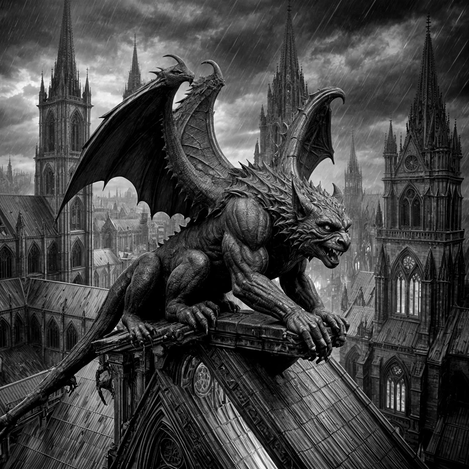 Gargoyle Awakening on Rain-Soaked Cathedral Roof