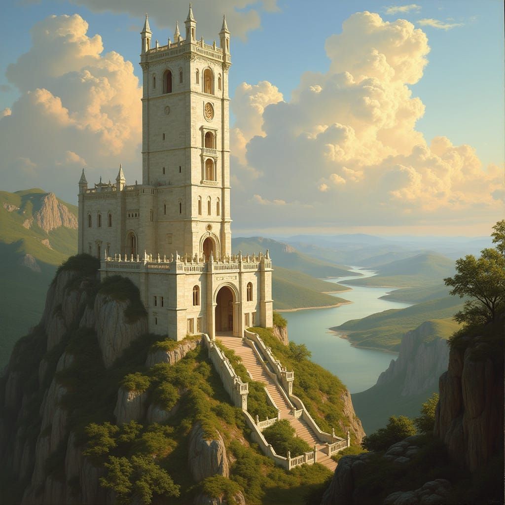 Classical White Citadel Amidst Serene Landscape