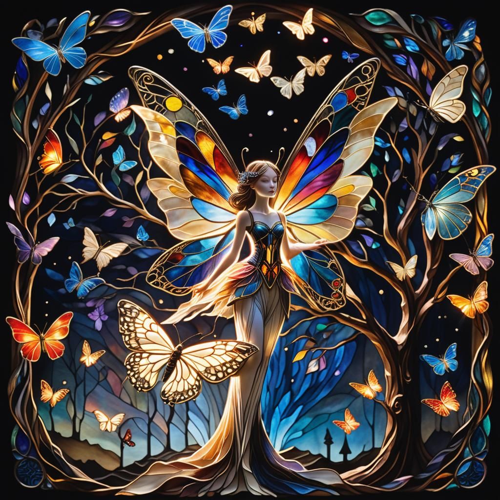 Ethereal Maiden with Butterfly in Dreamlike Scene