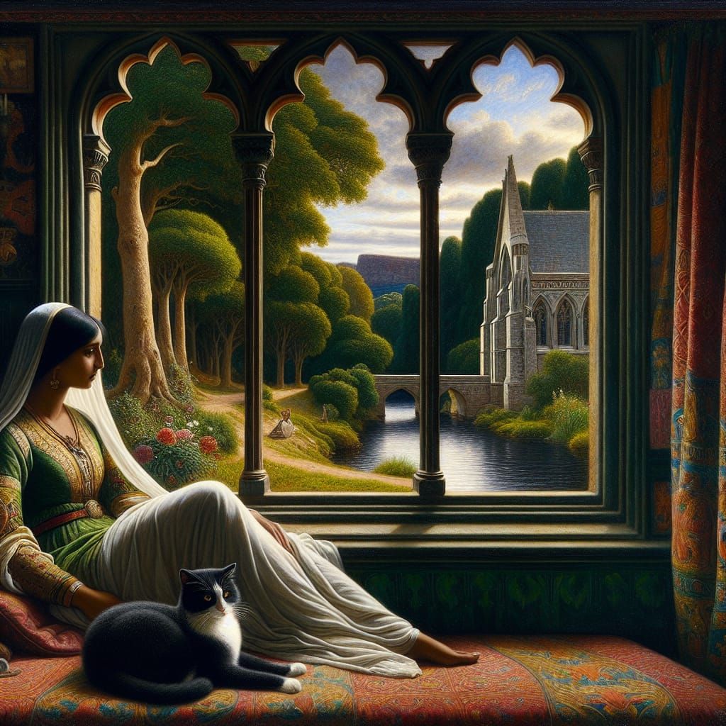 Medieval Woman with Cat by Window