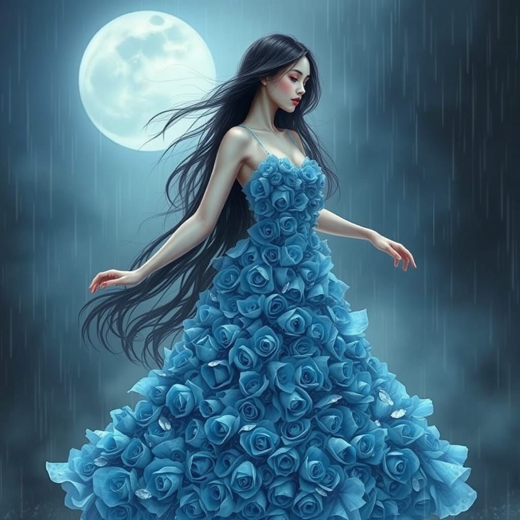 Ethereal Woman Dances in Rainy Moonlit Garden