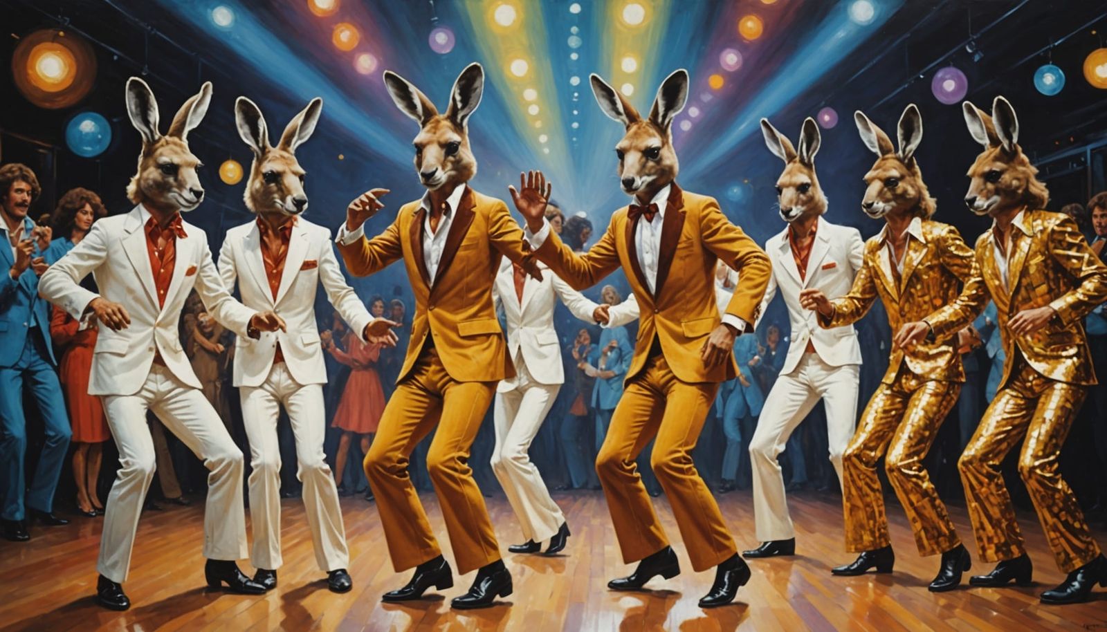 Disco Dancers with Kangaroo Heads in ABBA-Inspired Oil Paint...