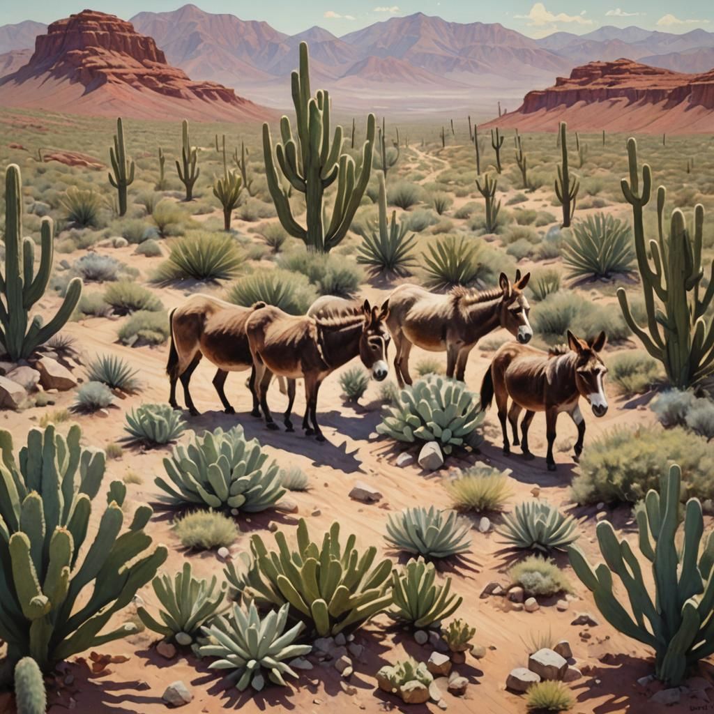 Wild Donkeys in Cactus Desert: Oil and Gouache Painting