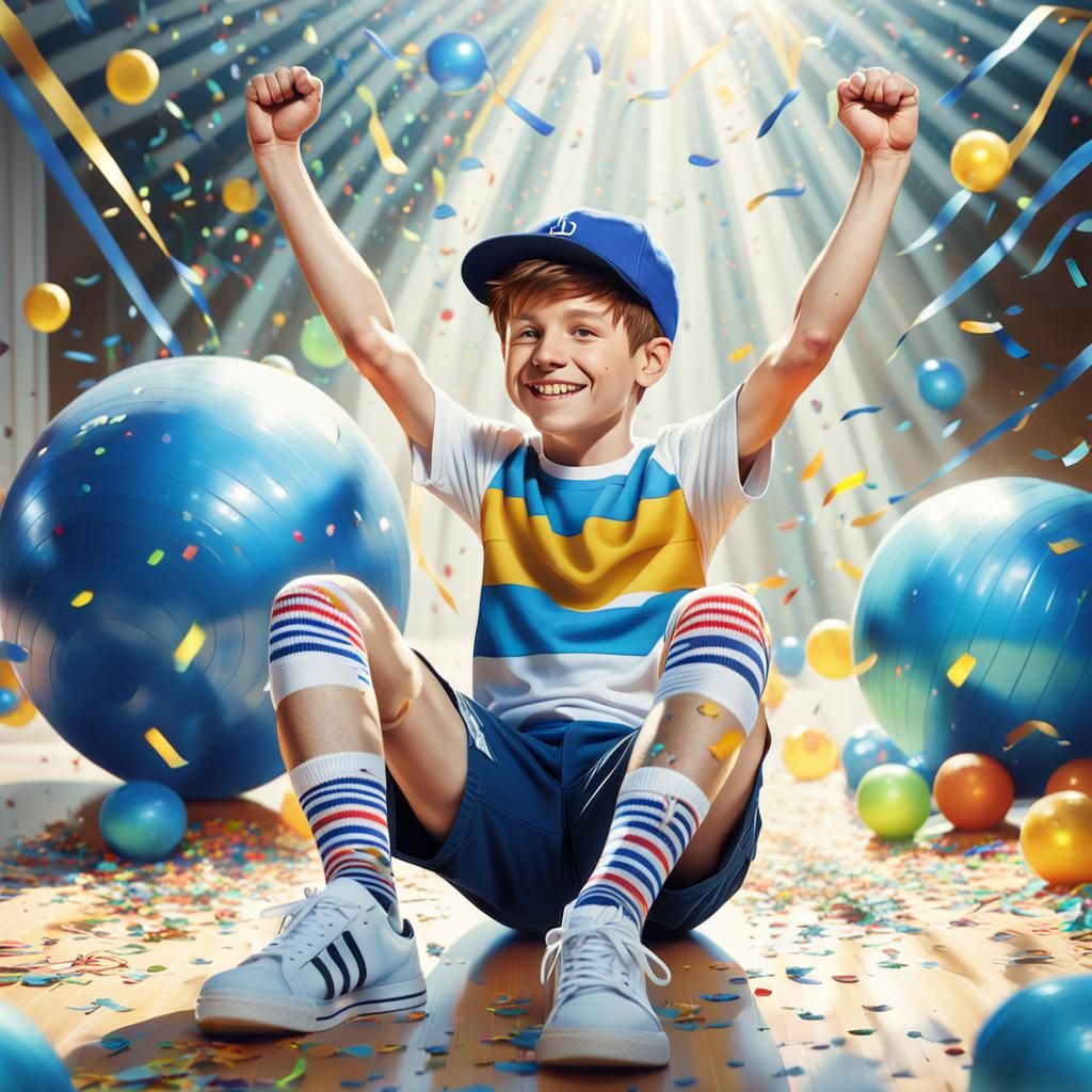 Joyful Boy on Exercise Ball in Whimsical Digital Art