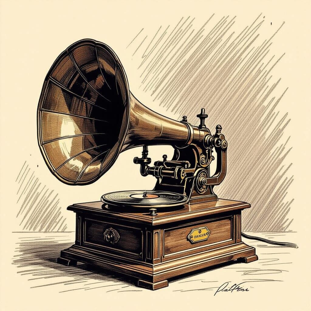 Edison's Phonograph: Sepia Pencil Sketch