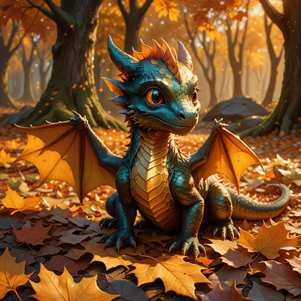 Baby Dragon in Autumn Forest Clearing