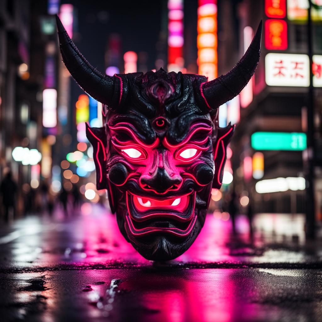 Neon Oni Mask in Rainy Tokyo Street