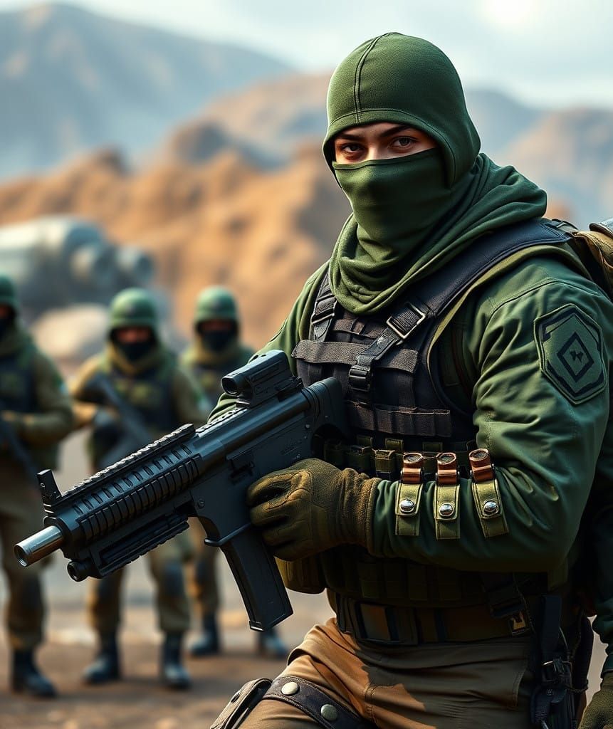 Gritty Soldier in Tactical Gear on Military Base