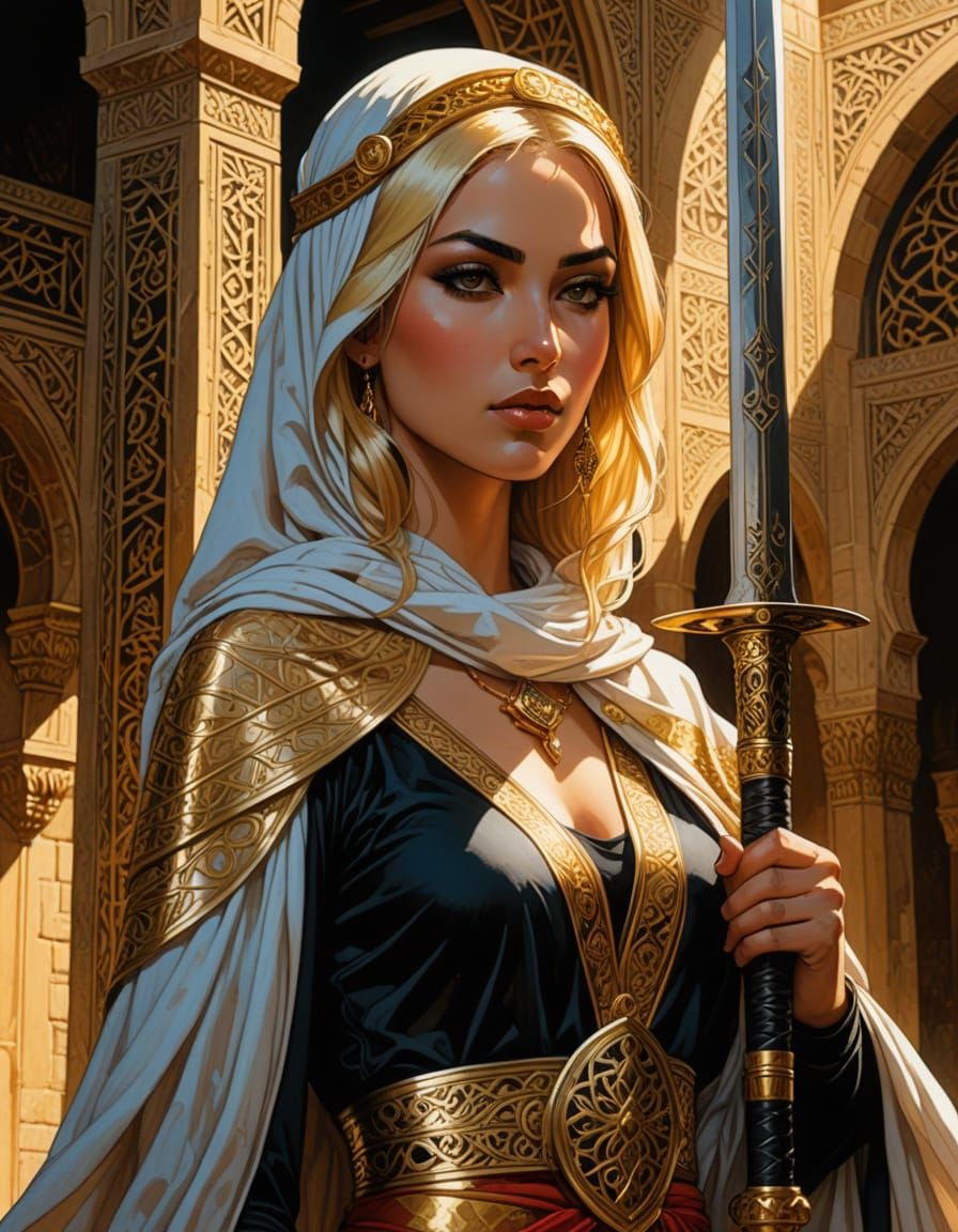 Sultry Arab Princess Wields Sword in Golden Light