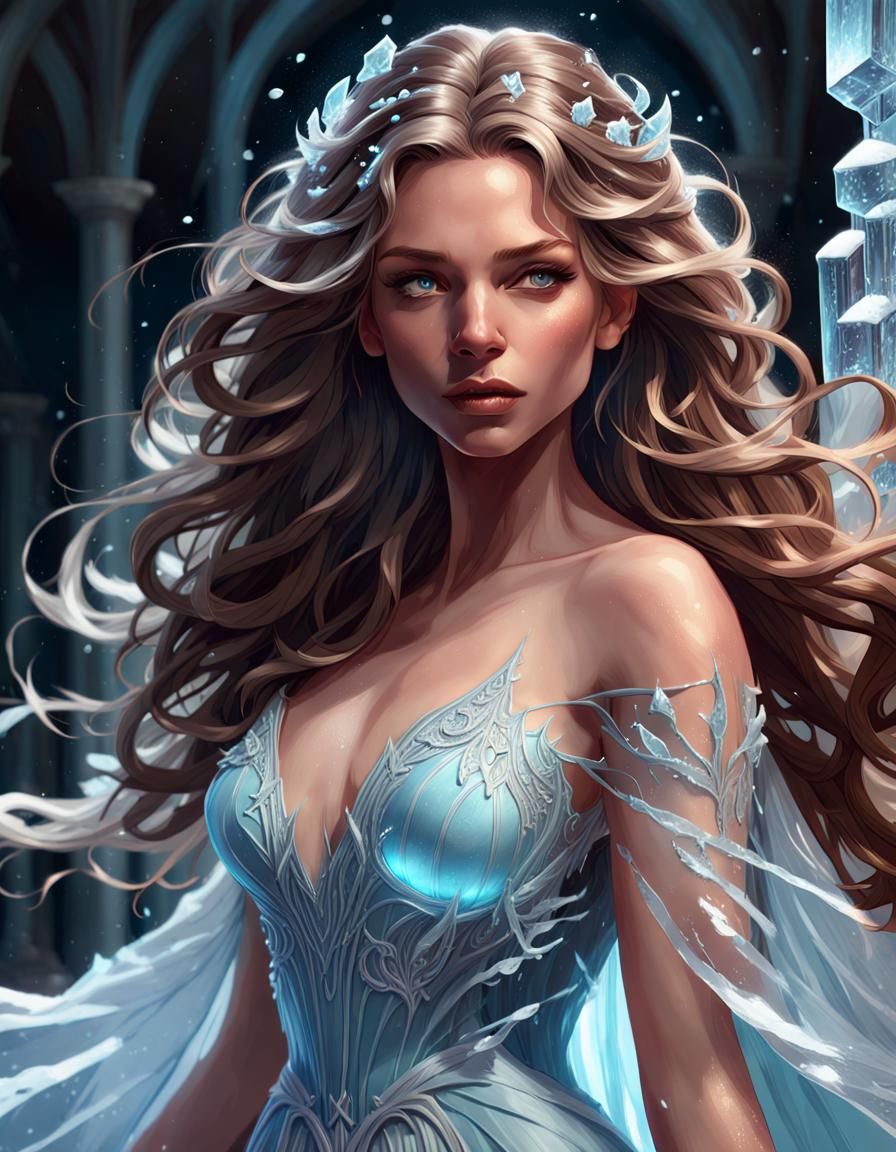 Icy Gown Portrait in Art Nouveau Style