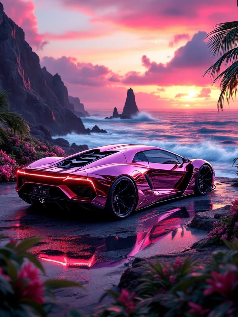 Sleek Metallic Pink Chrome Lamborghini on Coastal Cliffs at ...