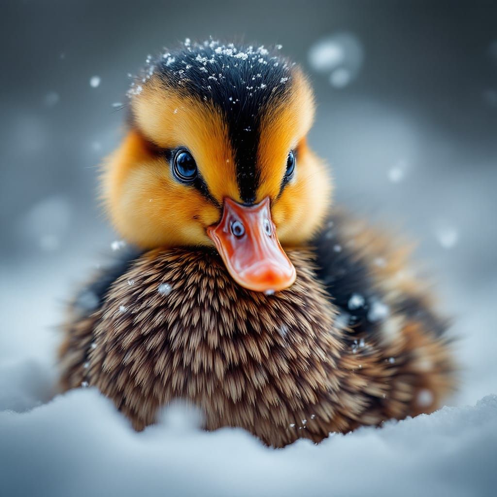 Adorable Mandarin Duckling in Snowy Portrait