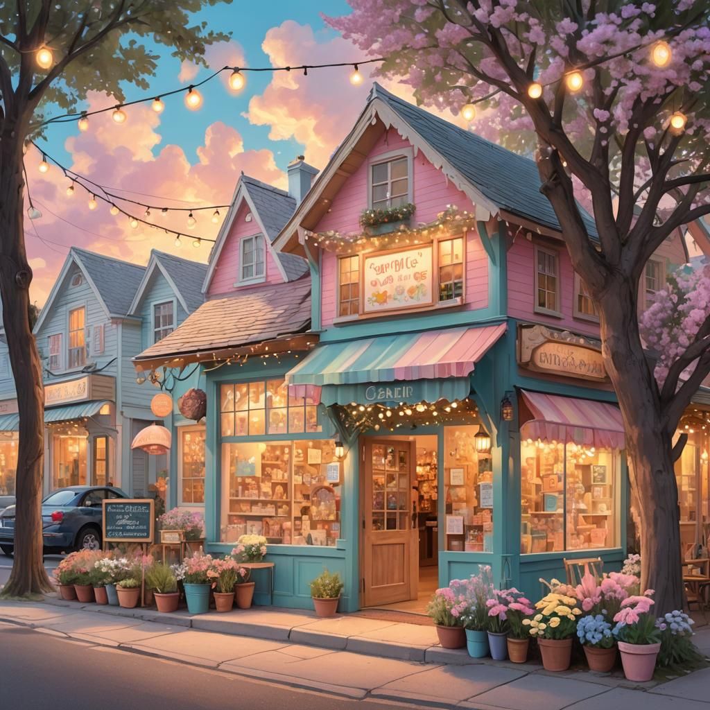 Whimsical Pastel Hues Neighborhood Storefront Scene