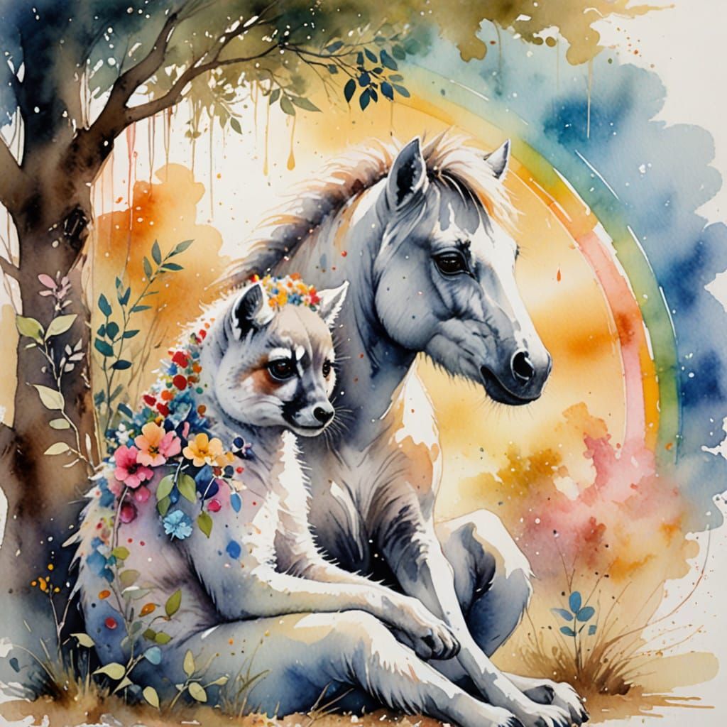Whimsical Watercolour Scene of Pony Girl and Lemur Under Rai...