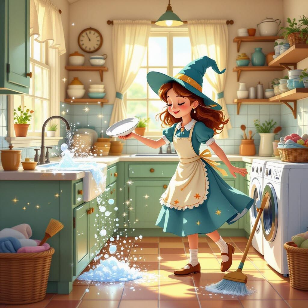 Whimsical Witch Fulfills Magical Chores with Enchanted Tools