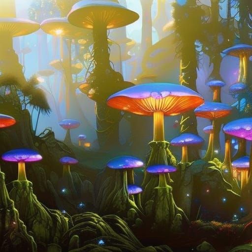 Luminous Fungi in Enchanted Forest, Digital Art