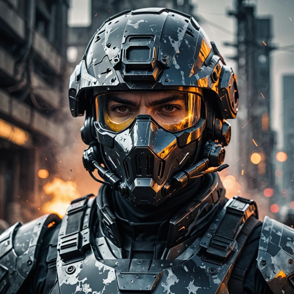 Futuristic Soldier in Ruined City: Digital 3D Portrait