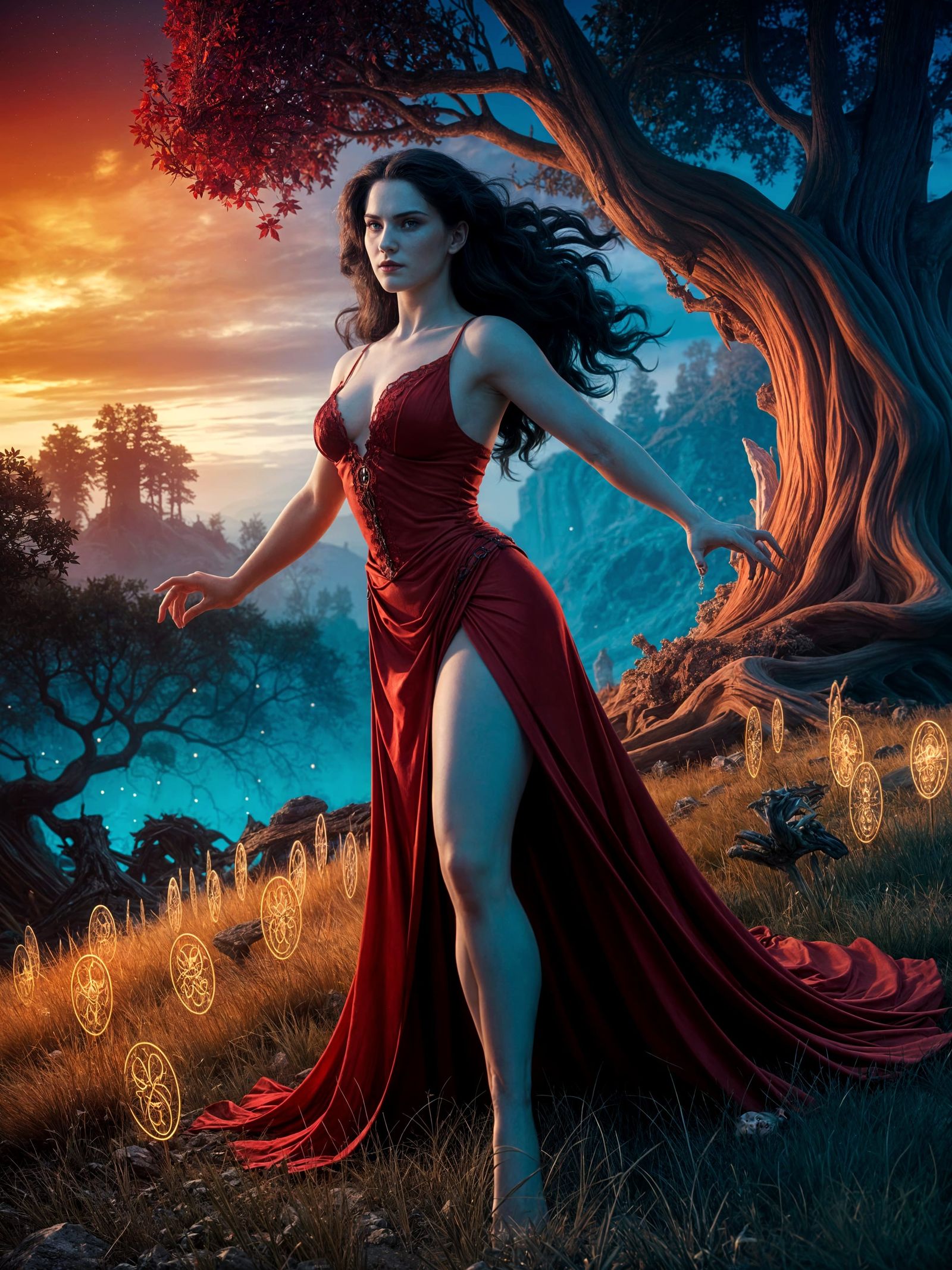 Ethereal Vampire Carmilla in a Fantastical Forest Landscape