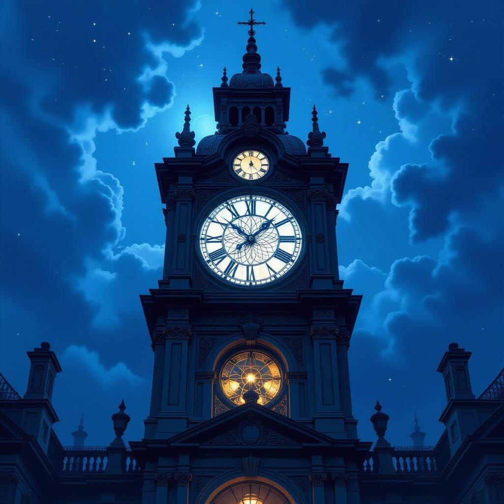 Ornate Clocktower Under Starry Midnight Storm