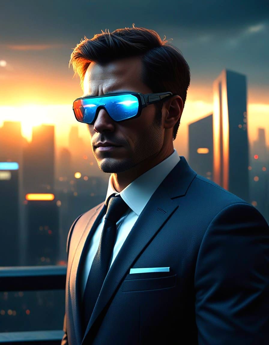 Epic Futuristic Real Estate Agent in Cinematic Film Still