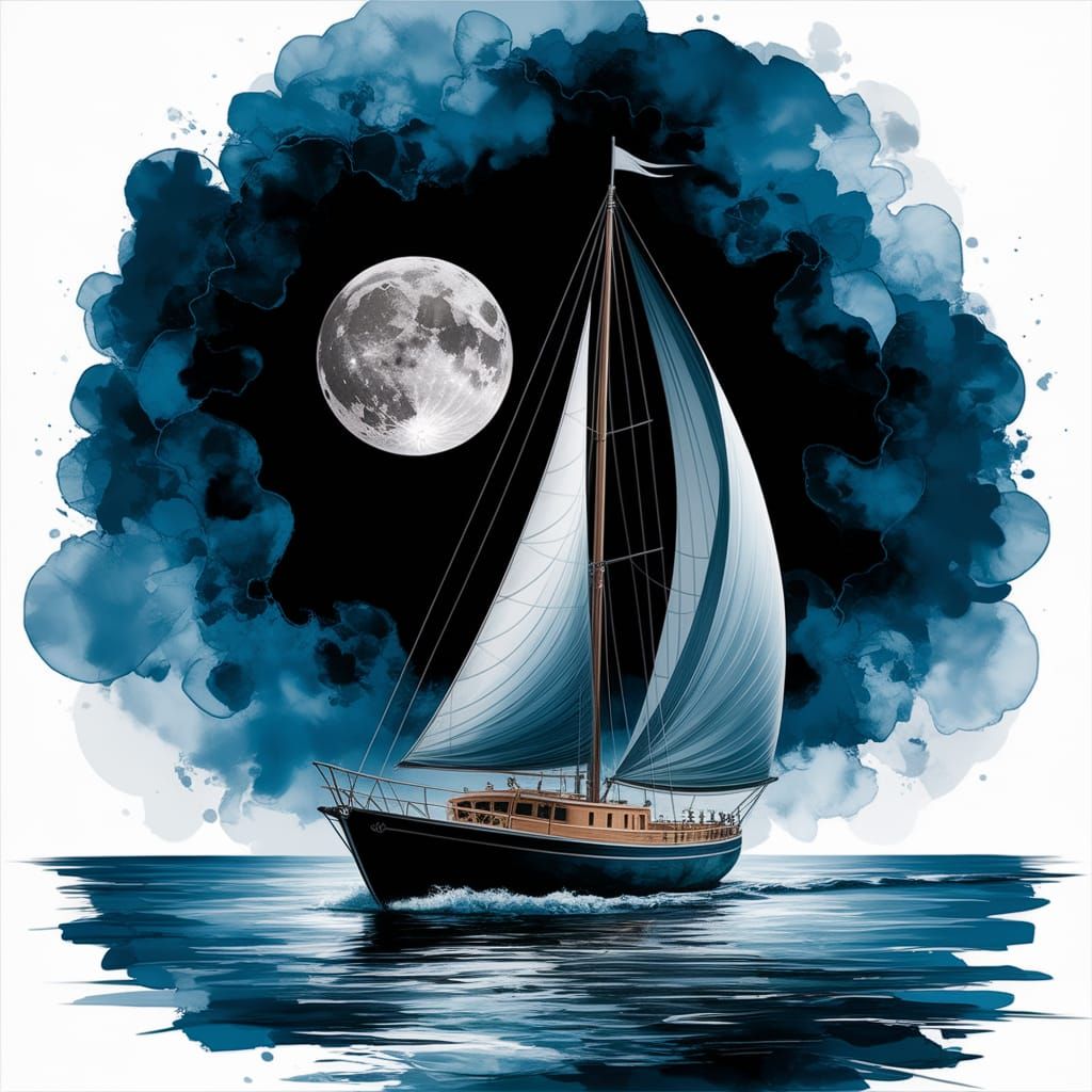 Sailboat Sailing Under the Moon in Charcoal and Ink