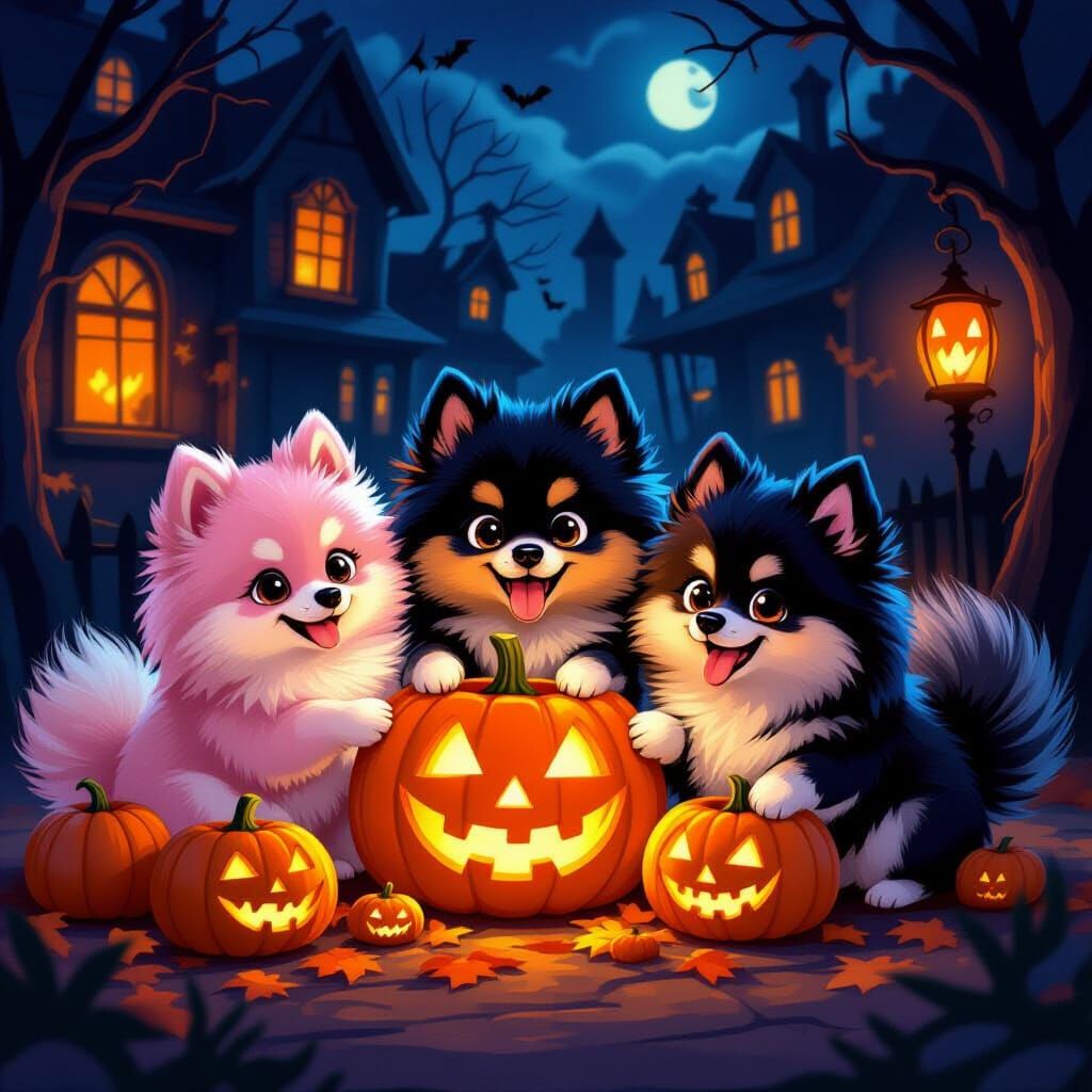 Pink and Black Pomeranians Carve Pumpkins in Haunted House