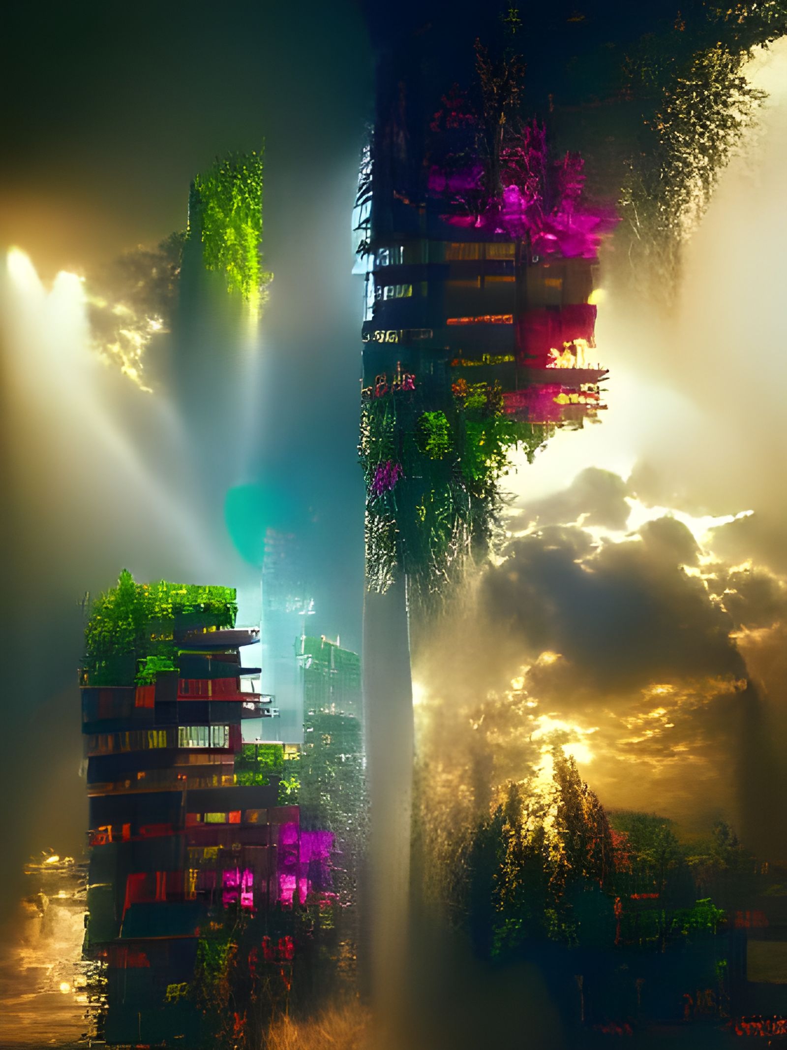 Futuristic Vertical Forest City in Volumetric Lighting