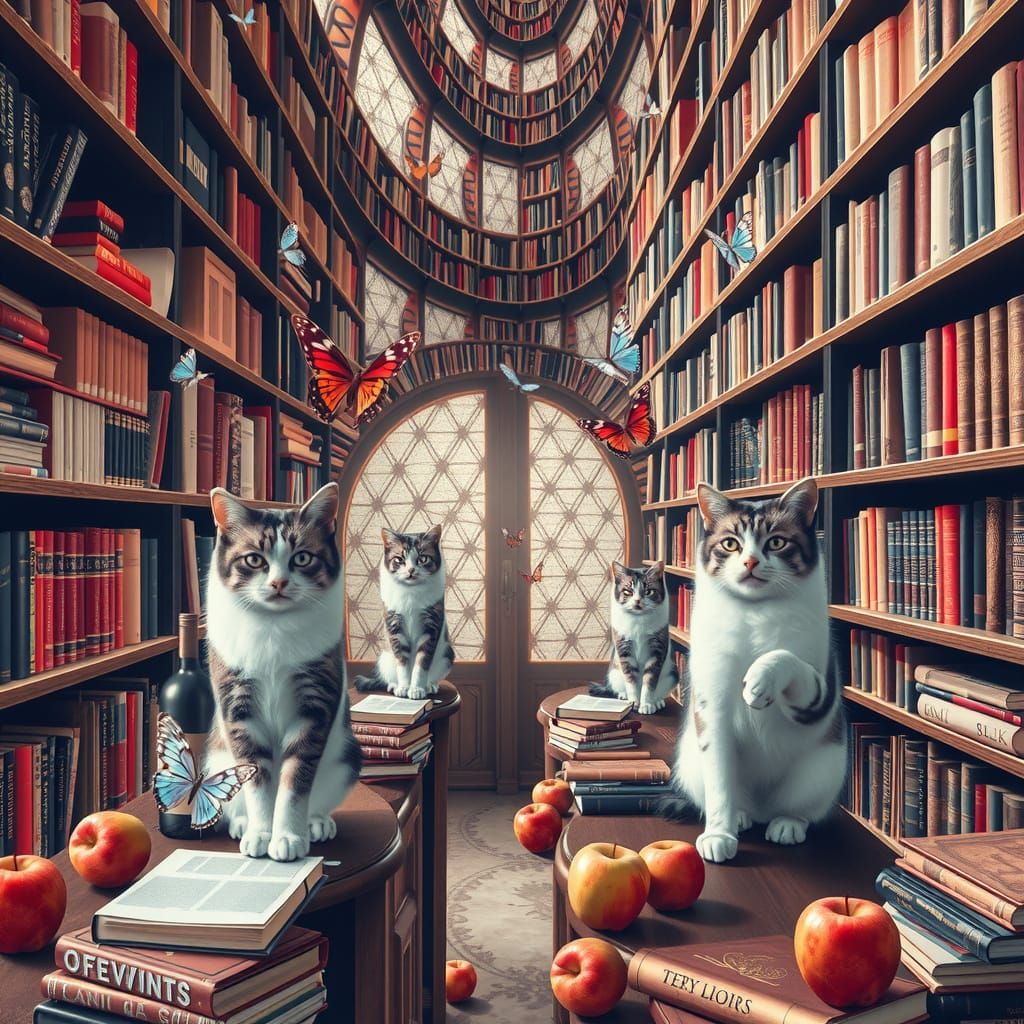 Surreal Library Scene with Cat Librarians and Butterflies in...