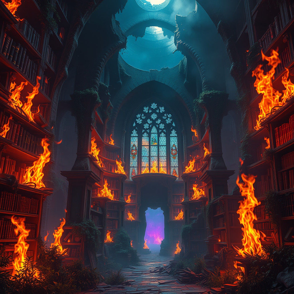 Mystical Flames Engulf Ruined Library in Fantasy Style
