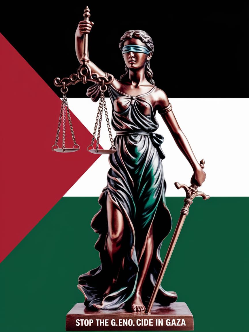 Palestinian Lady Justice Condemns Gaza Genocide