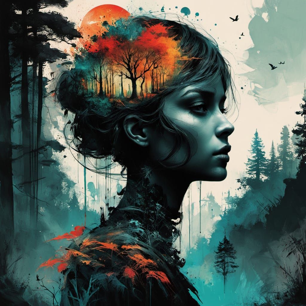 Woman Silhouette in Vibrant Maximalist Ancient Forest