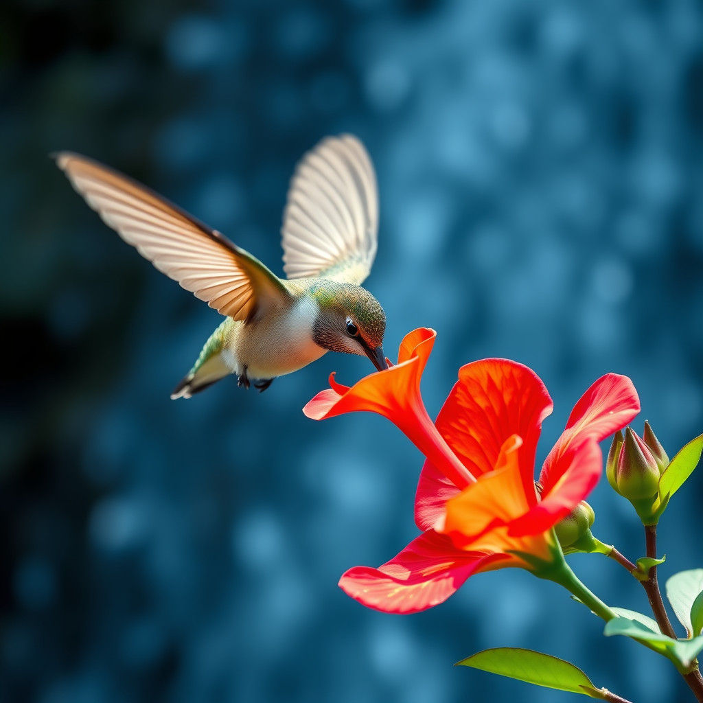 Hummingbird Sipping Nectar Against Waterfall Backdrop