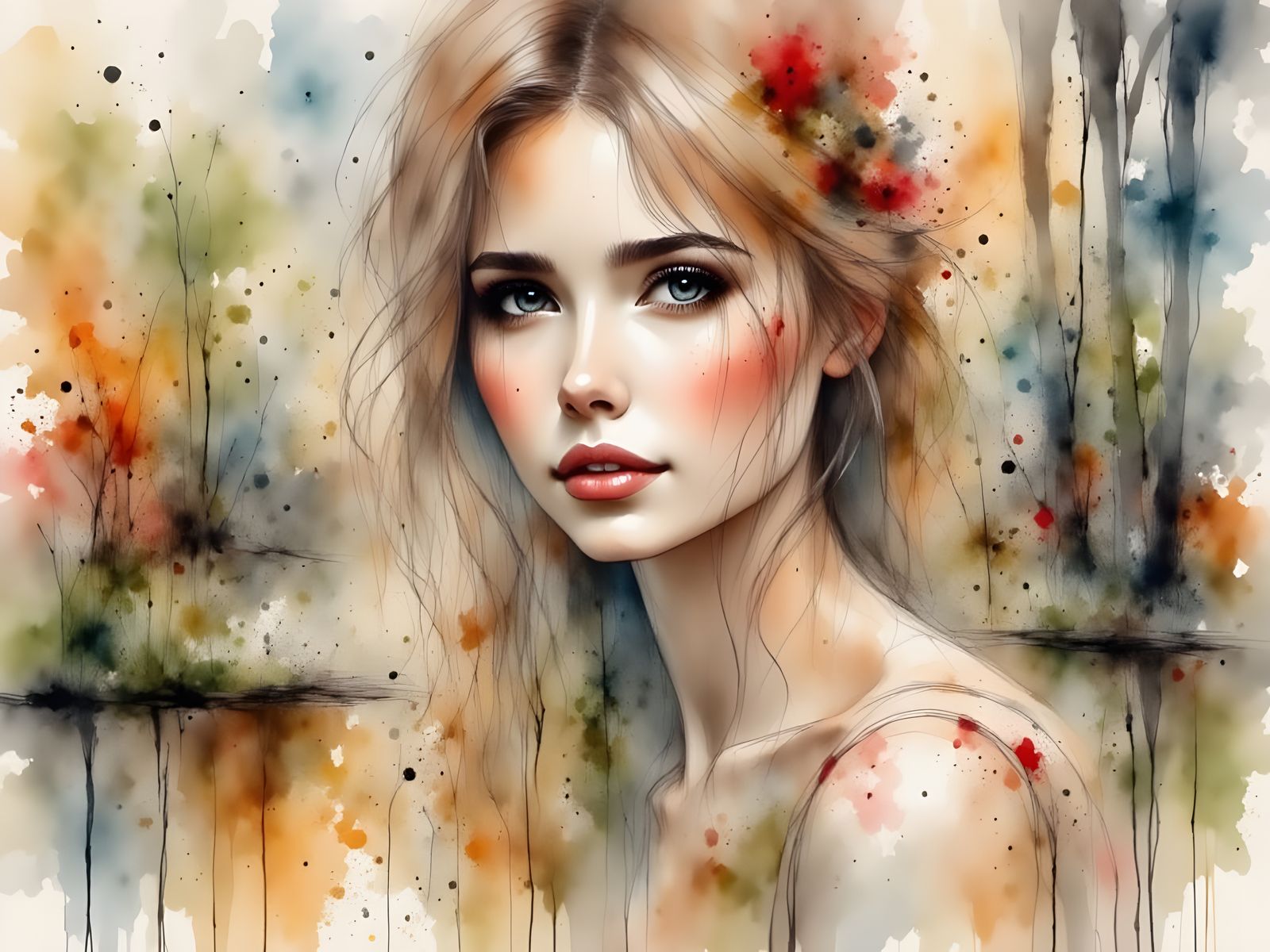 Spring Forest in Watercolor and Ink Style