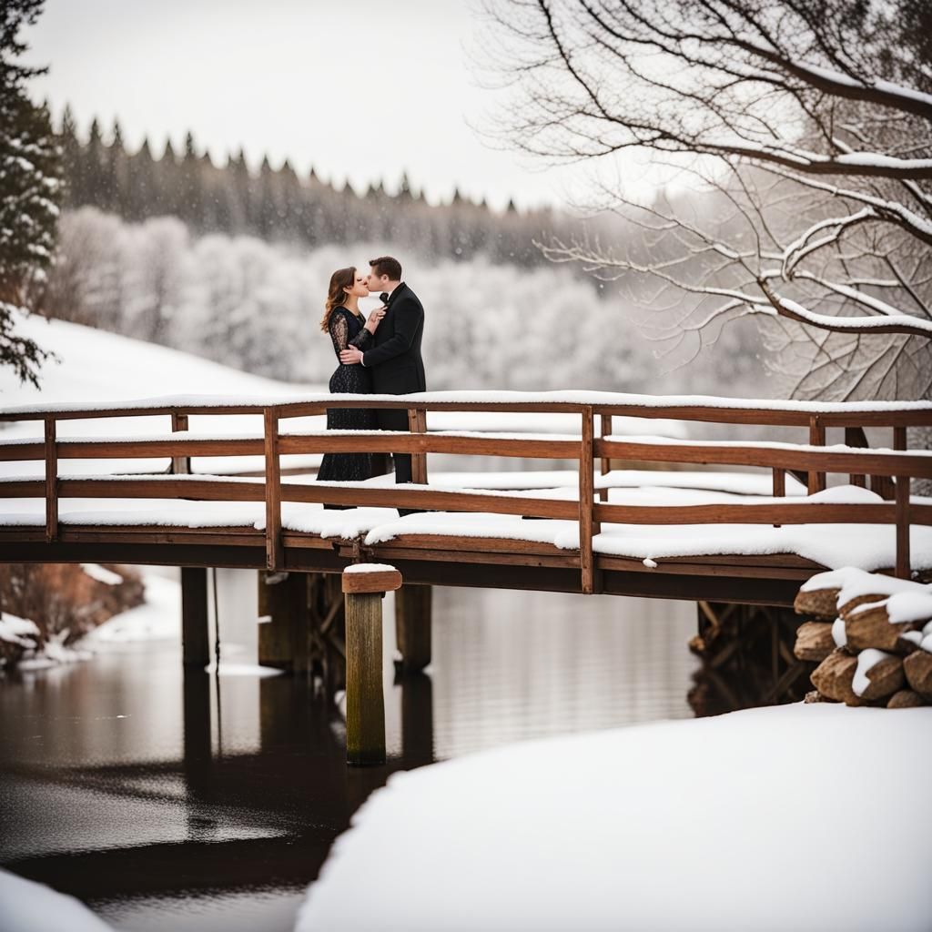 Romantic Couple Kissing on Snowy River Bridge