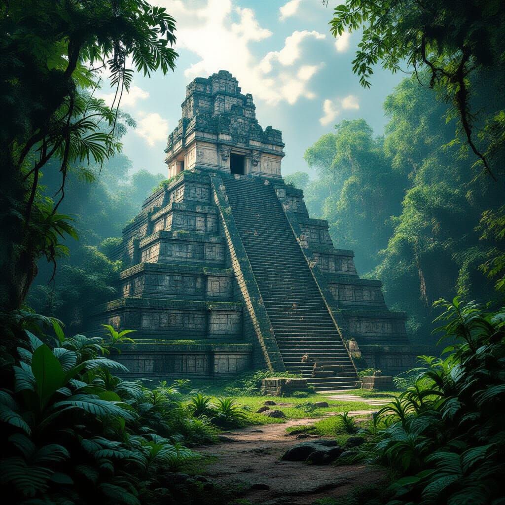 Overgrown Mayan Pyramid in Dramatic Jungle Lighting