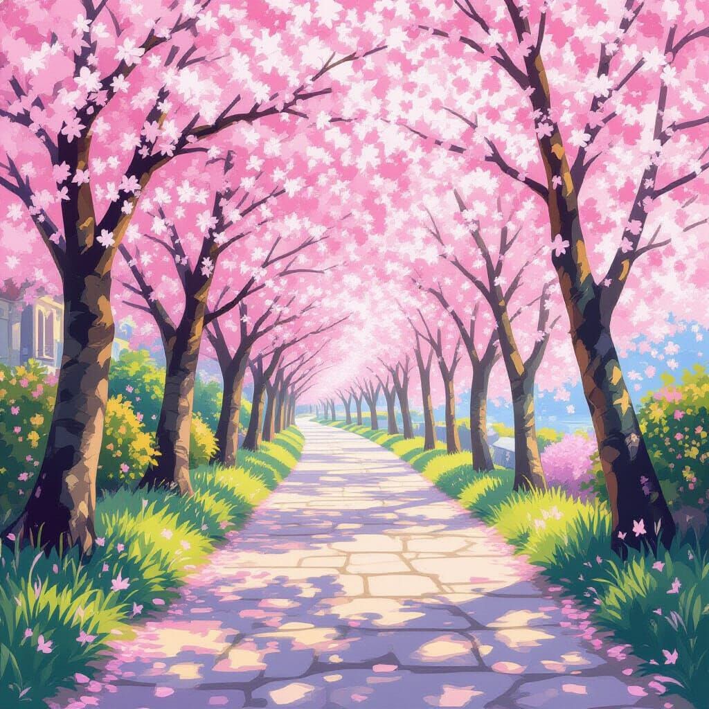 Cherry Blossom Path: An Impressionist-Inspired AI Image