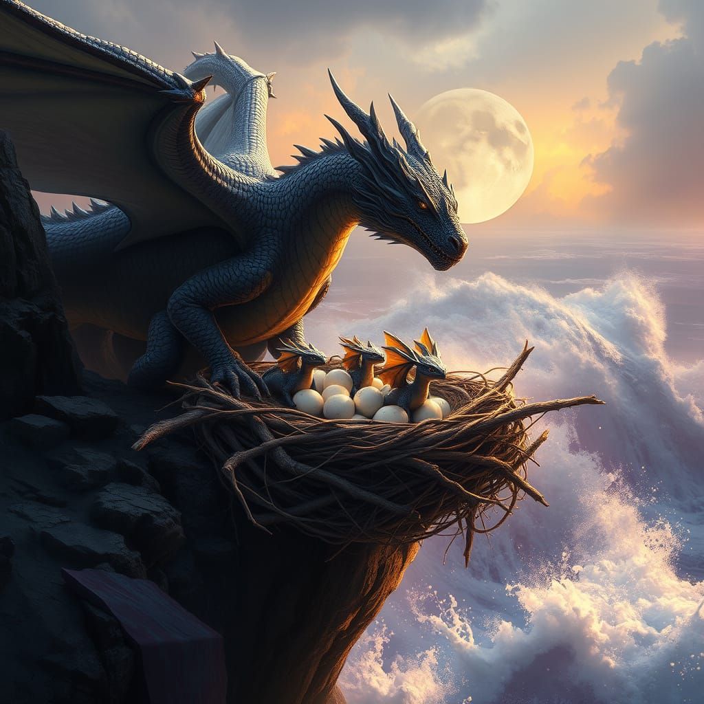 Mother Dragon Watches Over Her Baby Dragons on a Cliffside