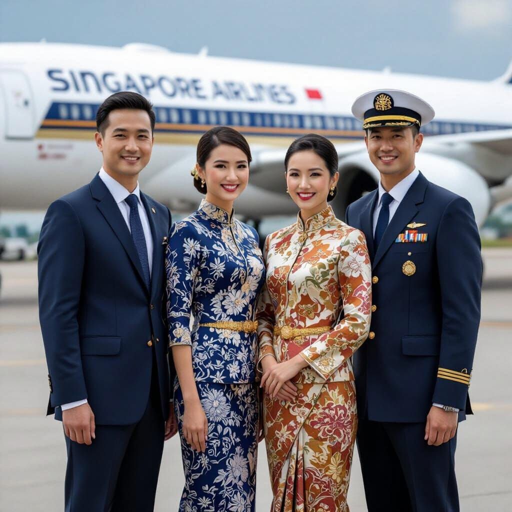 Smiling Singapore Airlines Crew in Traditional Uniform