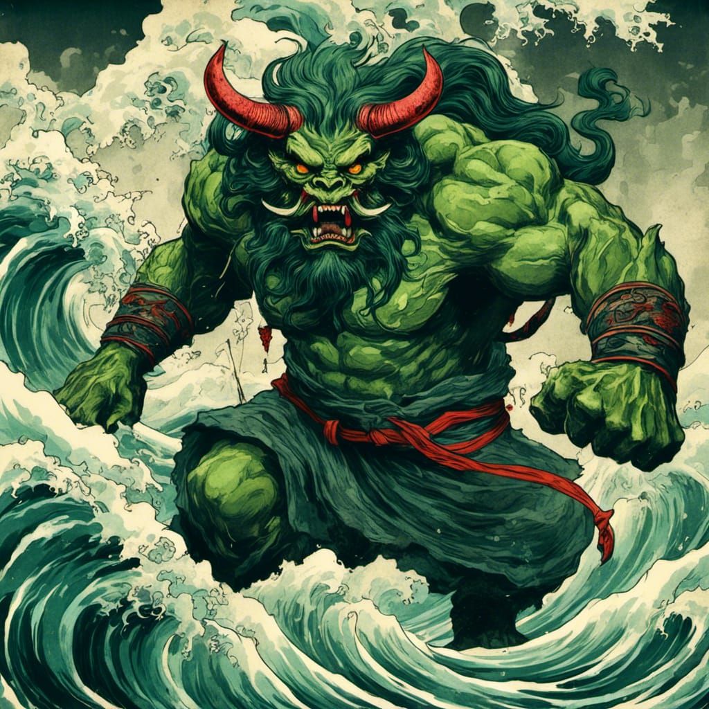 Green Oni Conquers Elements in Ukiyo-e Style