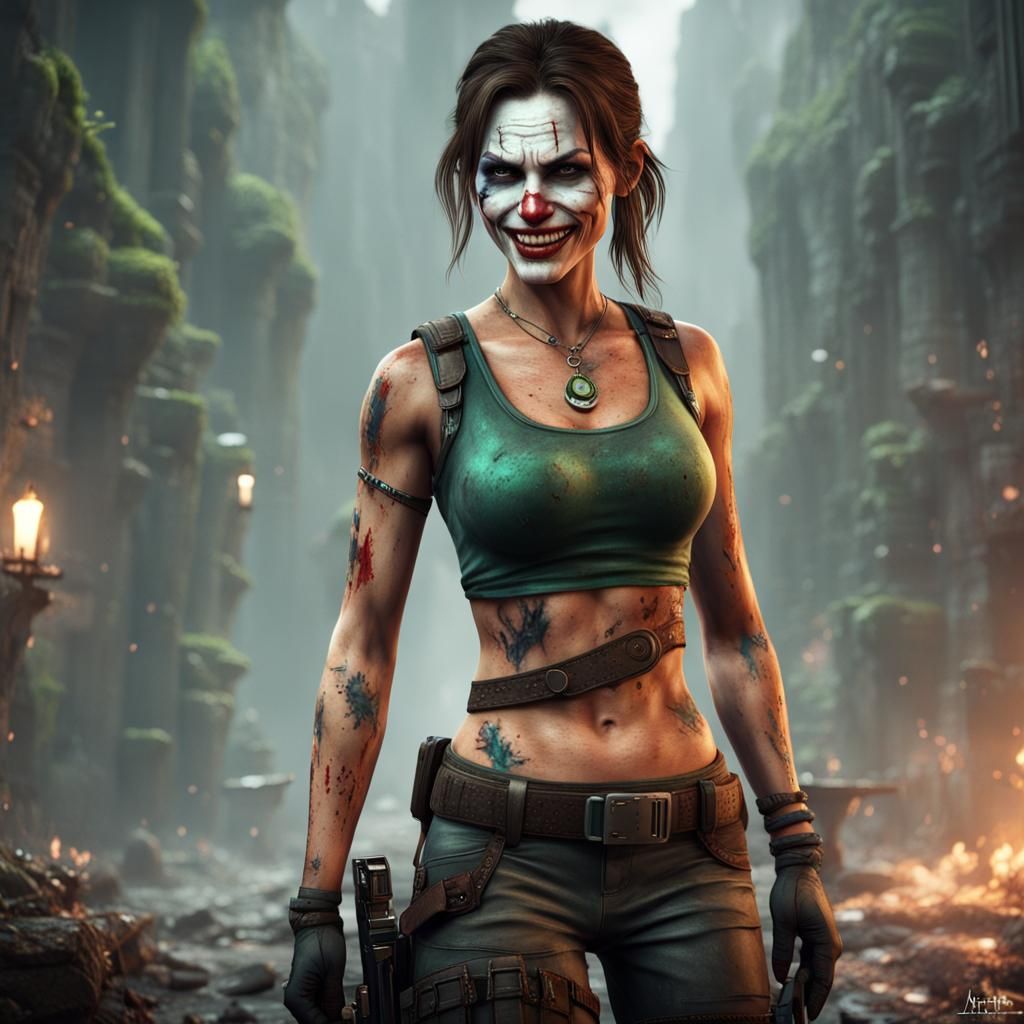 Lara Croft with Joker Makeup, Detailed Digital Art