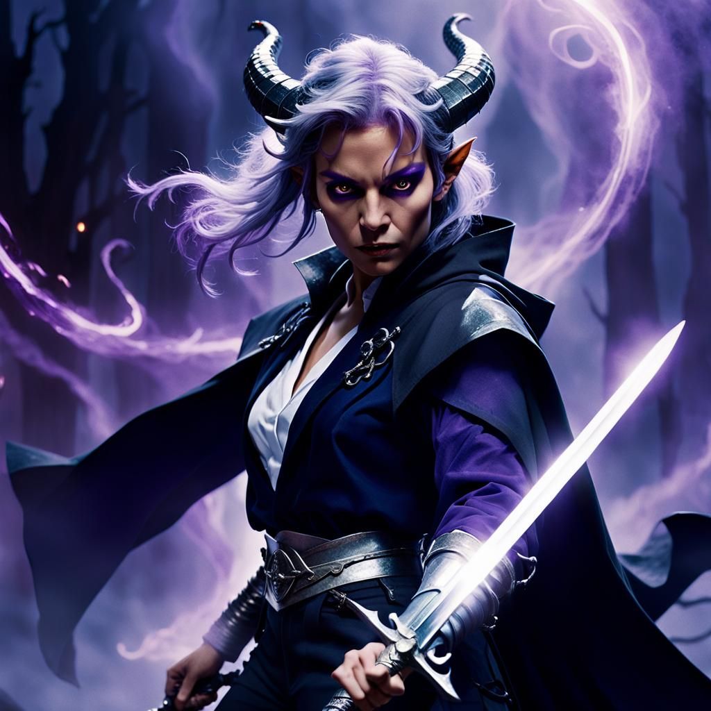 Tiefling Warrior with Glowing Sword in Cinematic Style