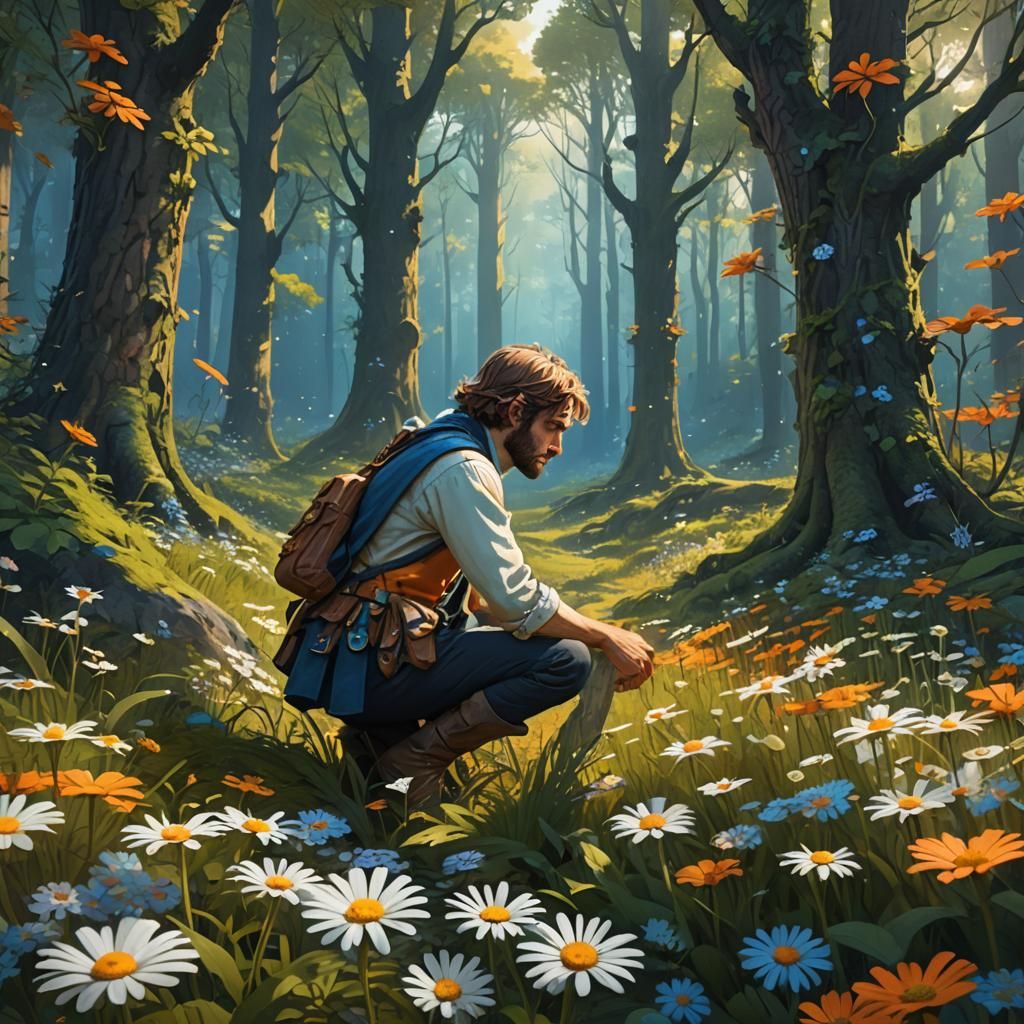 Man Sniffing Daisies in Whimsical Fantasy Forest