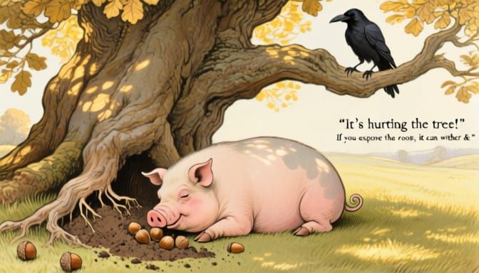 Pig Napping Under Ancient Oak Tree, Raven Warns